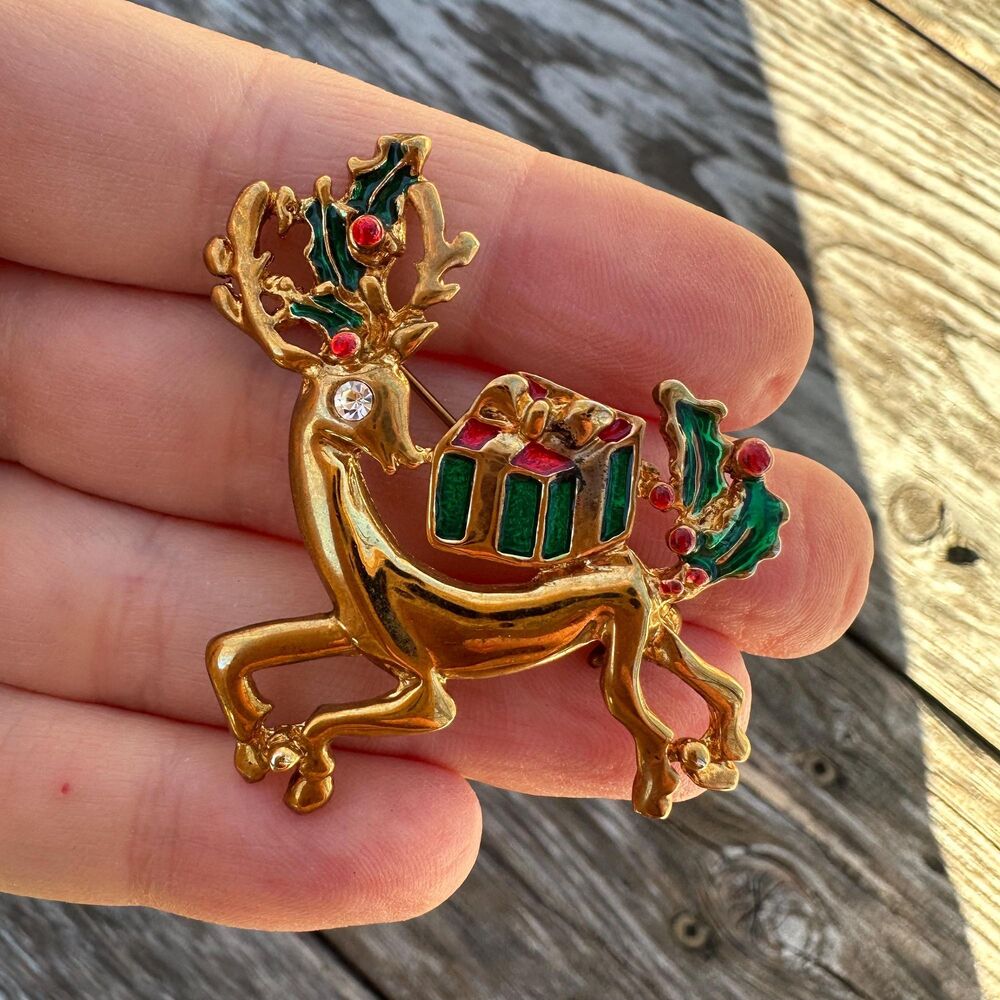 Vintage Reindeer Brooch with Gifts, Christmas Jewelry Pin